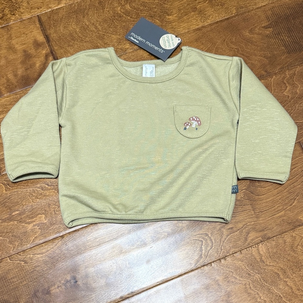NWT Size 0-3M Olive Longe Sleeve Shirt with Mushroom Pocket